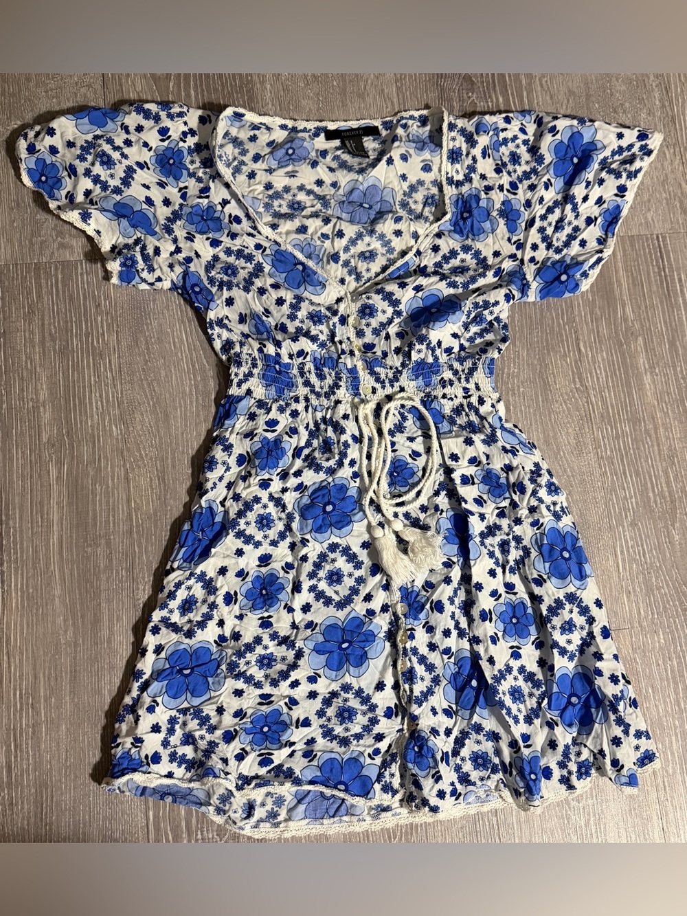Forever 21 White and Blue Floral Midi Dress with Tassel Tie